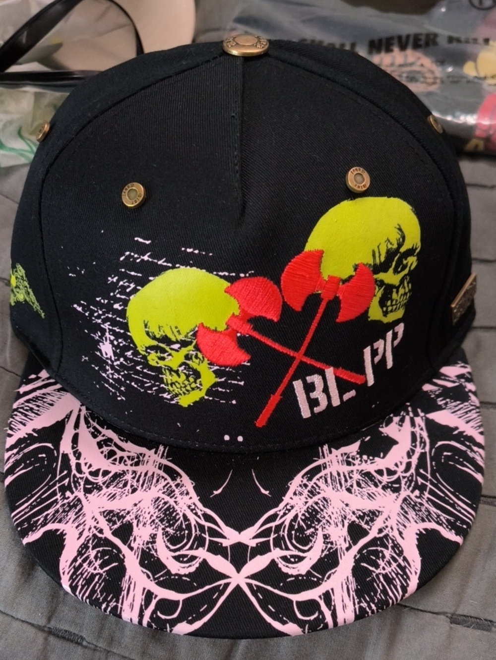 Black Label Black Snapback with Neon Yellow Skulls & Pink Brim